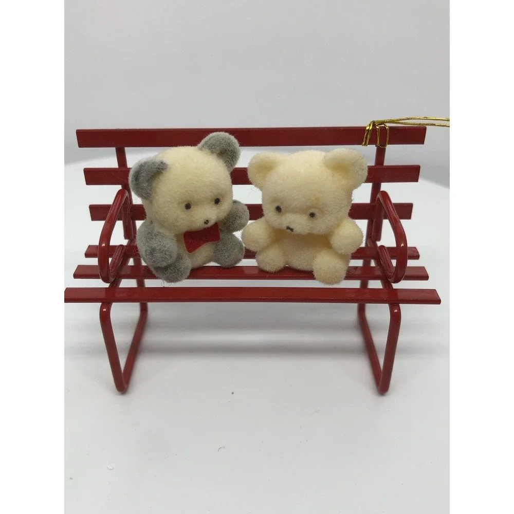 Vintage Russ Berrie & Co Red Metal Bench with 2 Bears Christmas‎ Ornament